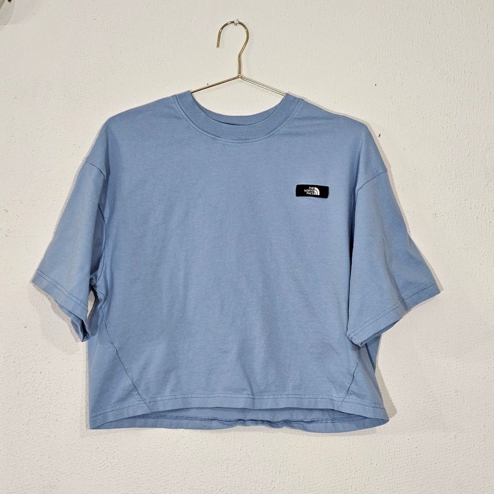The North Face Womens Blue Cropped Boxy T-Shirt Size M Short Sleeve Logo Tee